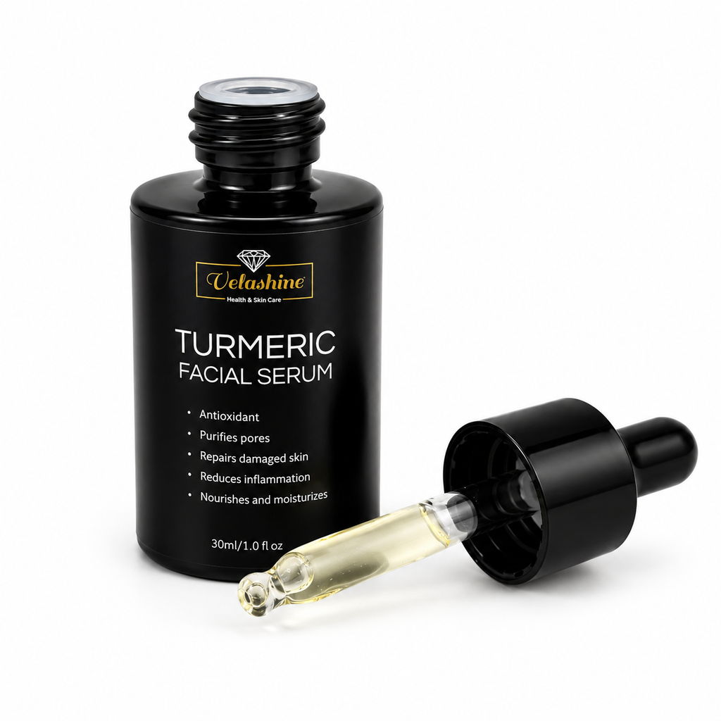 Turmeric facial serum bottle with dropper on a white background