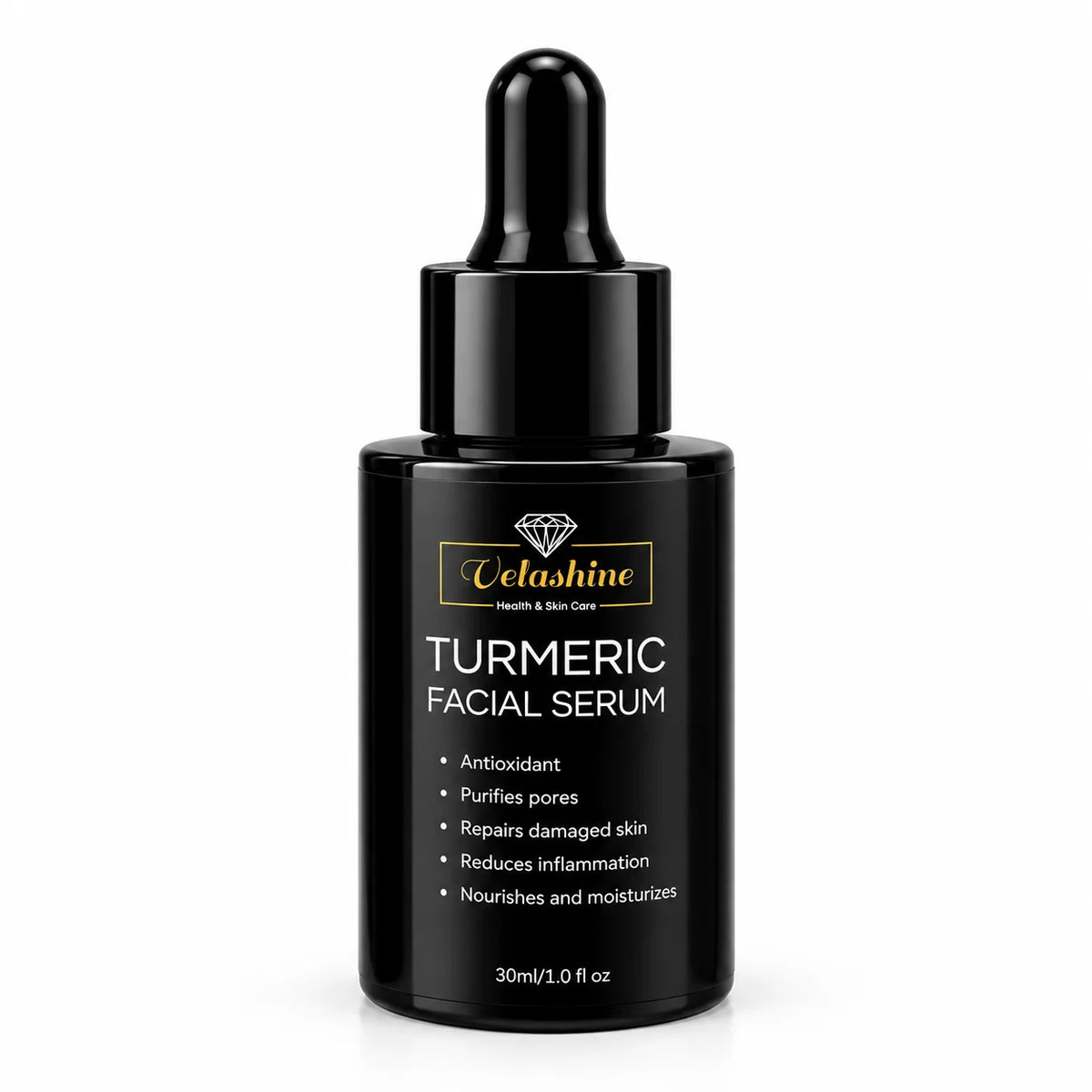Velashine Turmeric Facial Serum 30ml in black dropper bottle for nourishing and moisturising skincare.