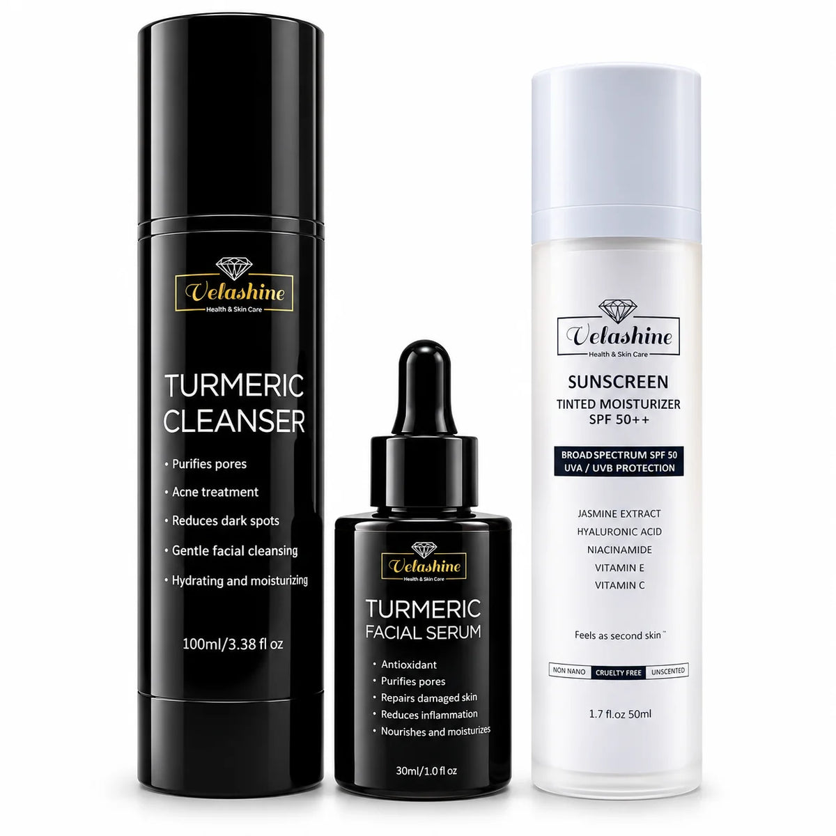 Velashine skincare set featuring Turmeric Cleanser, Turmeric Facial Serum and SPF 50+ Tinted Moisturiser Sunscreen on a white background.