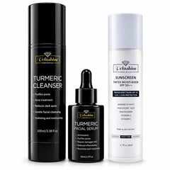 Velashine skincare set featuring Turmeric Cleanser, Turmeric Facial Serum and SPF 50+ Tinted Moisturiser Sunscreen on a white background.