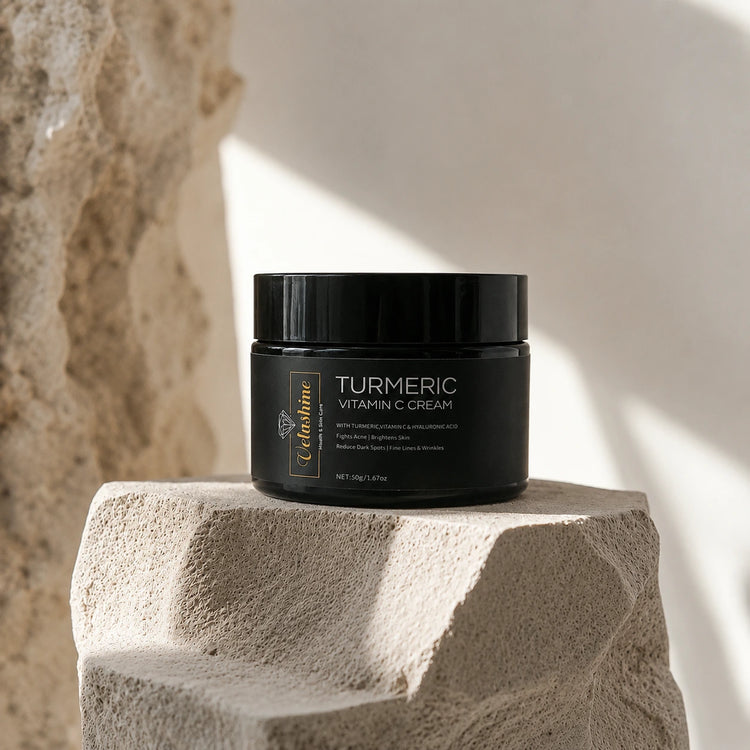 Jar of Turmeric Vitamin C Cream on a stone surface with a neutral background