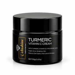 Velashine Turmeric Vitamin C Cream 50g in black jar with turmeric, vitamin C and hyaluronic acid.