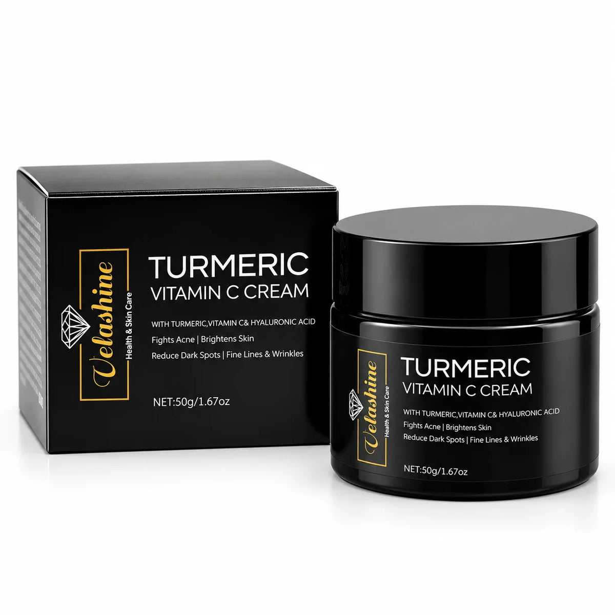 Velashine Turmeric Vitamin C Cream 50g with turmeric, vitamin C and hyaluronic acid, shown with product packaging.