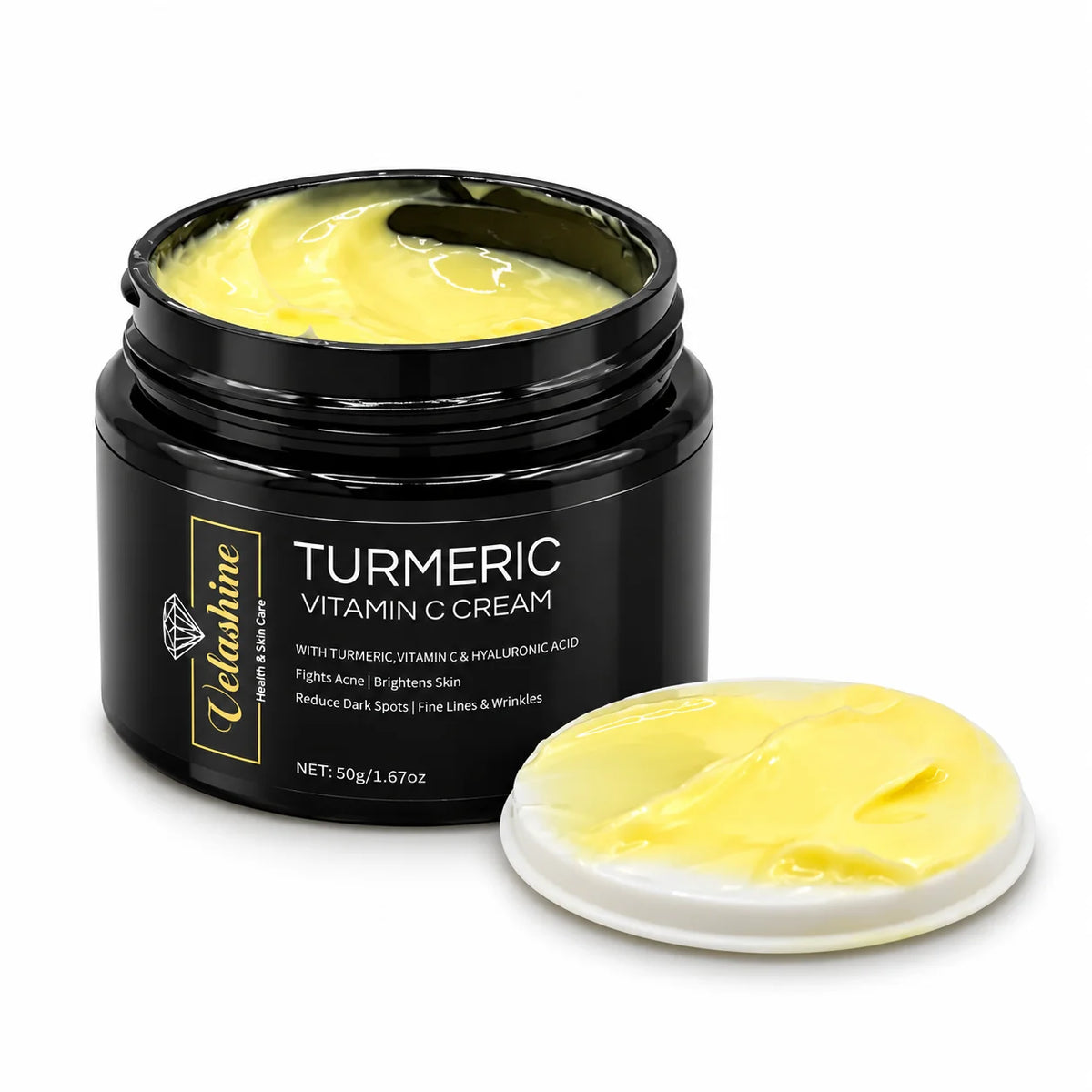 Open jar of Velashine Turmeric Vitamin C Cream showing the yellow cream texture on a white background.