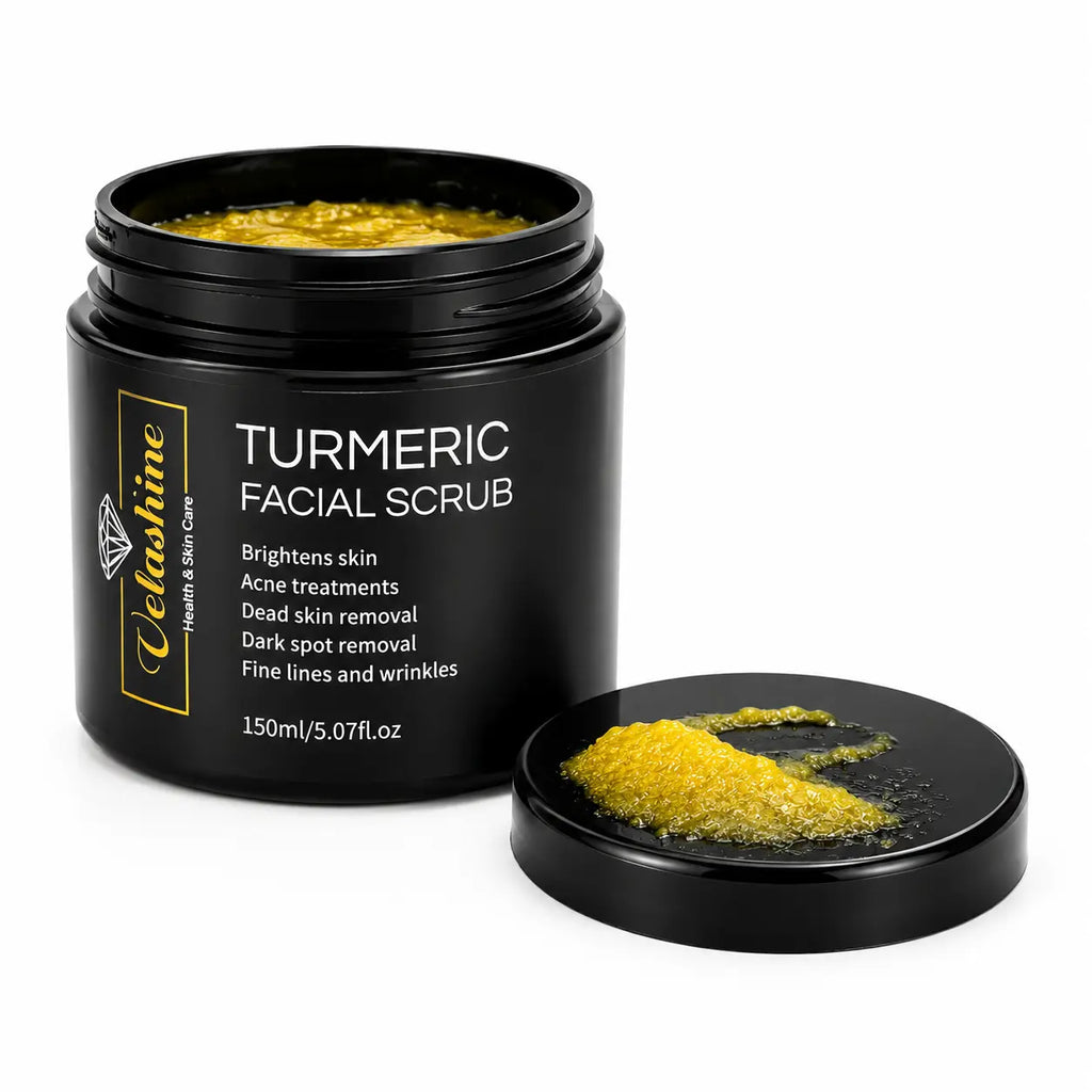 Turmeric facial scrub in a black container with visible yellow powder on a white background