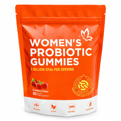 Women’s Probiotic Gummies with 5 billion CFUs per serving, cranberry flavor, 60 gummies, front packaging view.