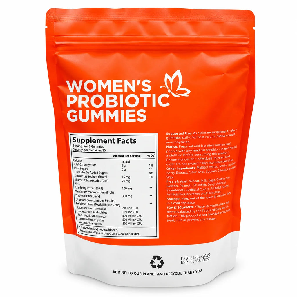 Back of Women’s Probiotic Gummies package showing Supplement Facts, ingredients, suggested use and product information.
