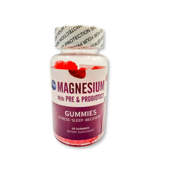 Bottle of magnesium gummies with pre and probiotics on a white background