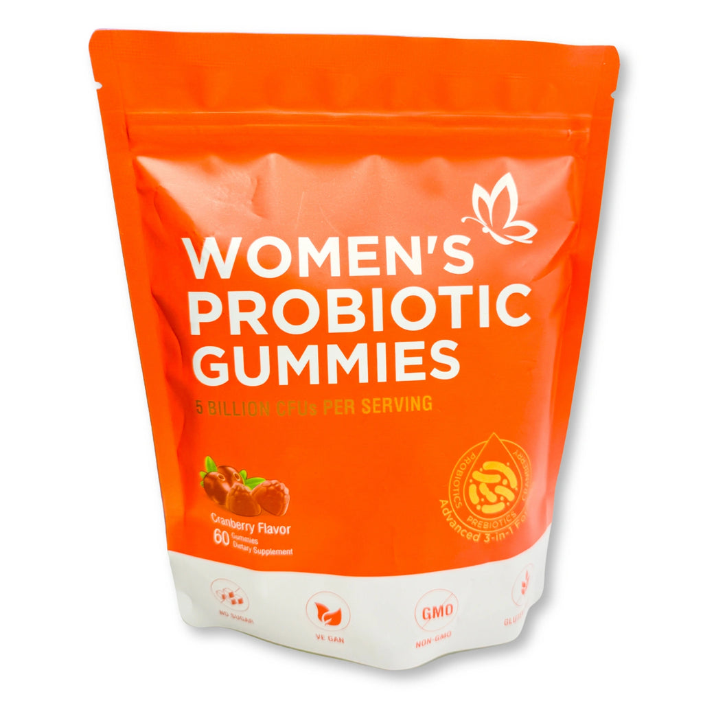 Orange package of women's probiotic gummies on a white background