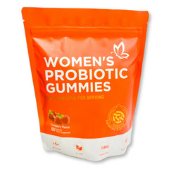 Orange package of women's probiotic gummies on a white background