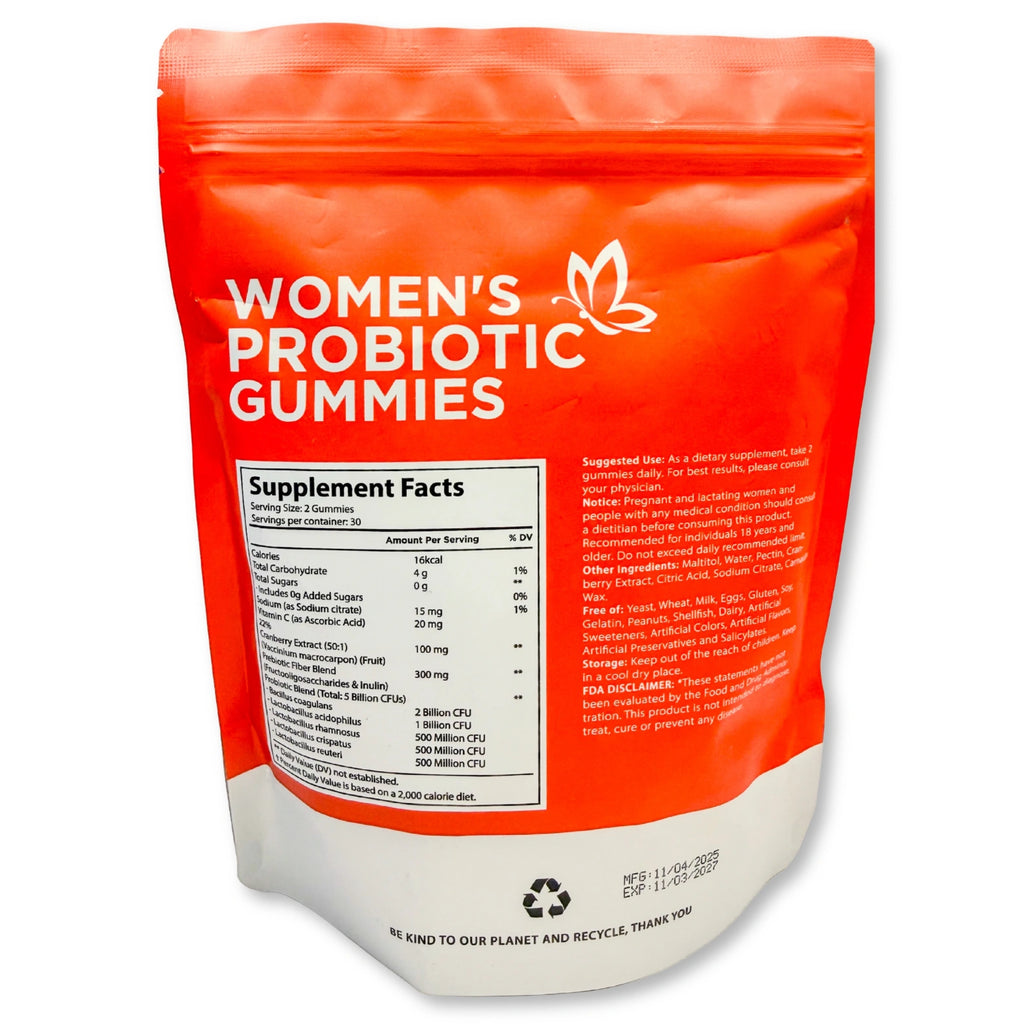 Red package of women's probiotic gummies with supplement facts label on a white background